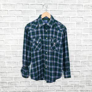 Pendleton Men's Western Pearl Snap Shirt Wool Green Blue Plaid sz M